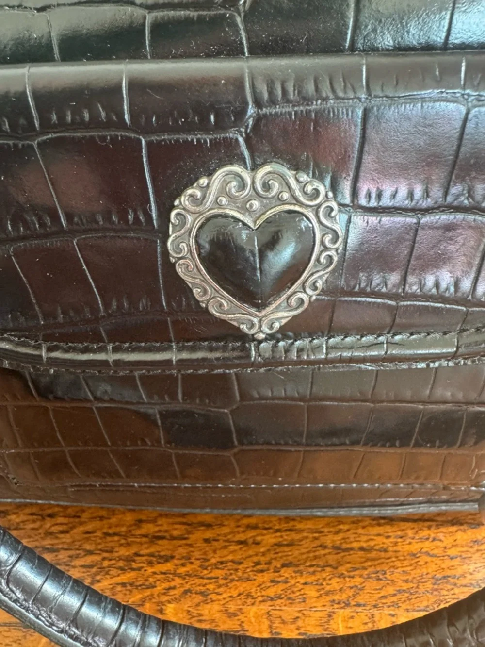 Brighton Black Croc-Embossed Satchel with Heart Accent and Silver Hardware